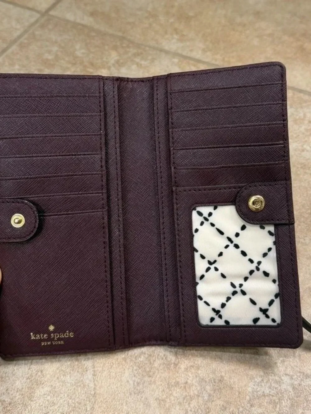 kate spade Deep Burgundy Saffiano Leather Long Wallet with Gold Plaque